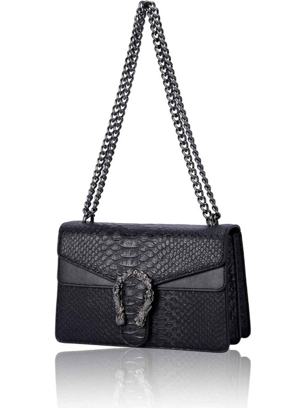 Women's Black Leather Cross Body And Satchel Classic Snake Print Chain Bag